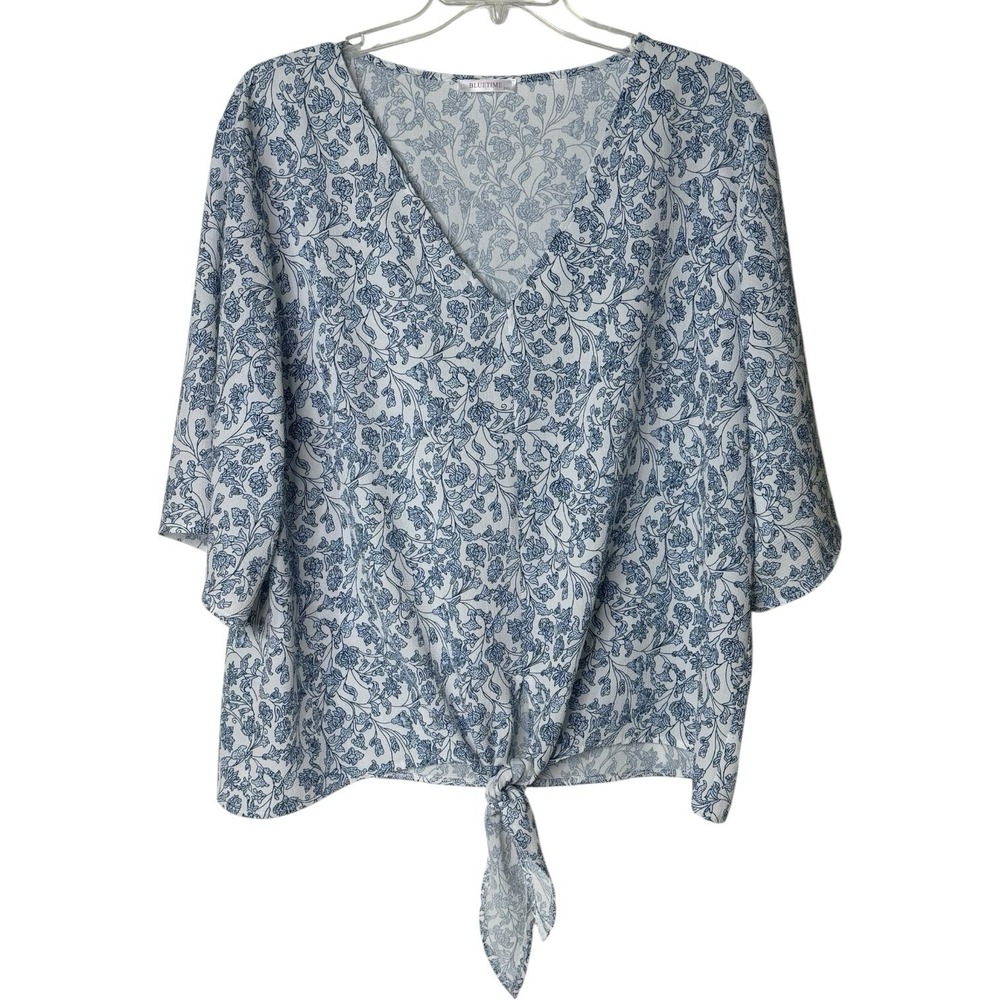 Bluetime Blue/White Floral Textured Blouse V-Neck Kimono Sleeve‎ Womens 2XL